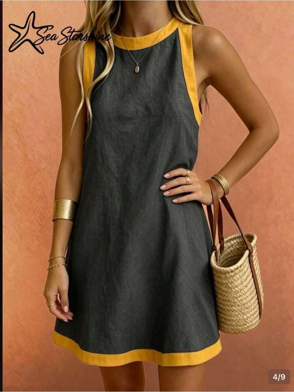Women's Charcoal Gray Shift Dress with Mustard Trim